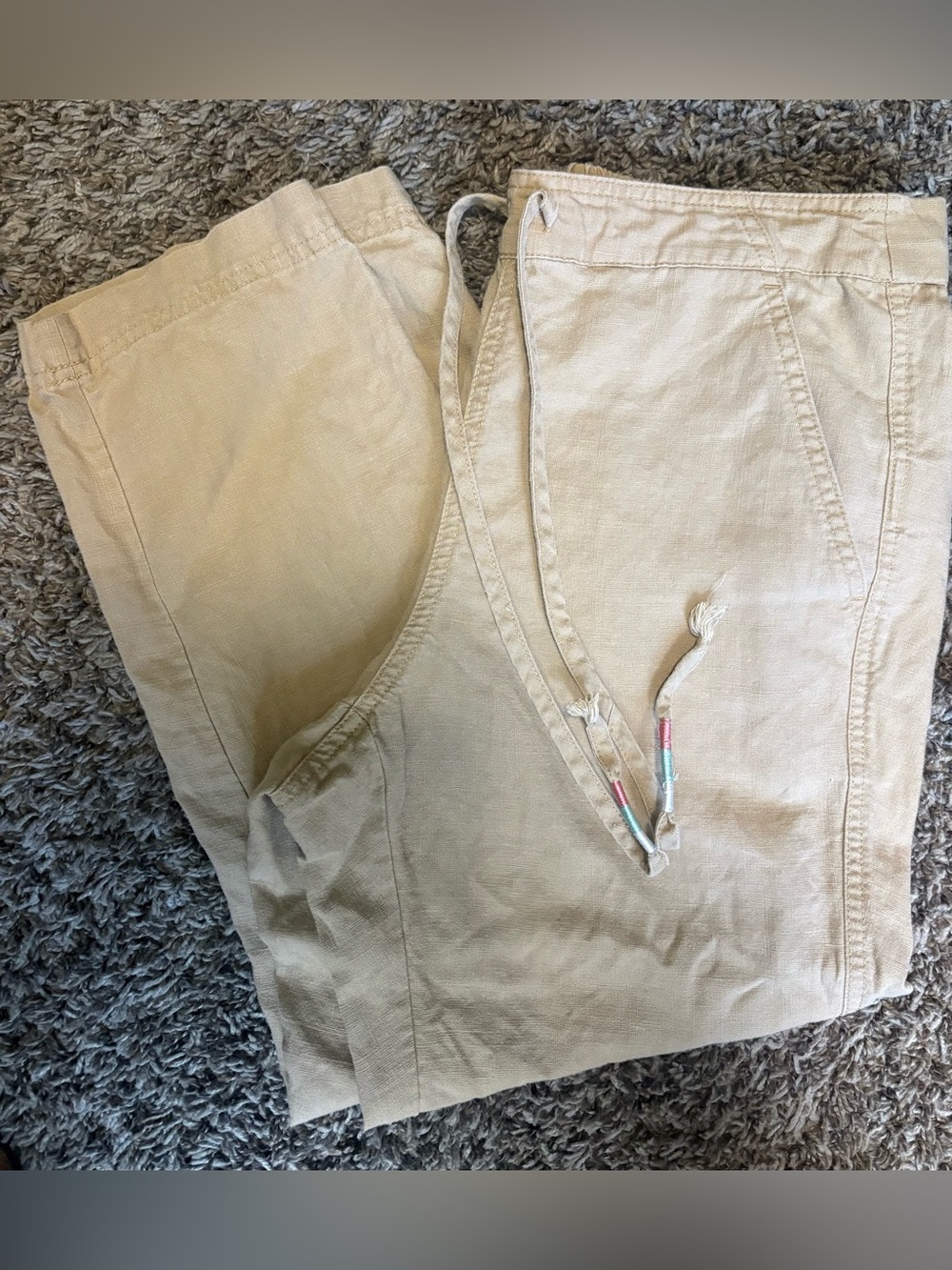 J. Crew Beige Drawstring Top with Teal and Red Threading